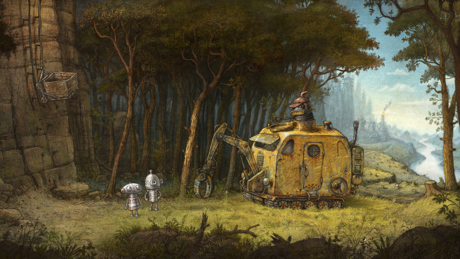 Josef and Berta meet a large yellow machine in an olive-green forest